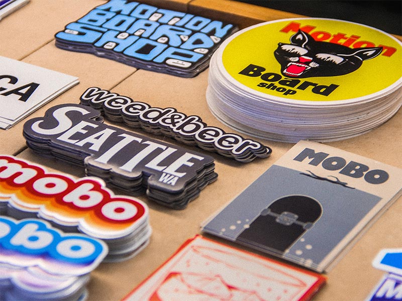 A variety of stickers printed by the in-house artists at Motion Printshop. Photo by Sean McAllister