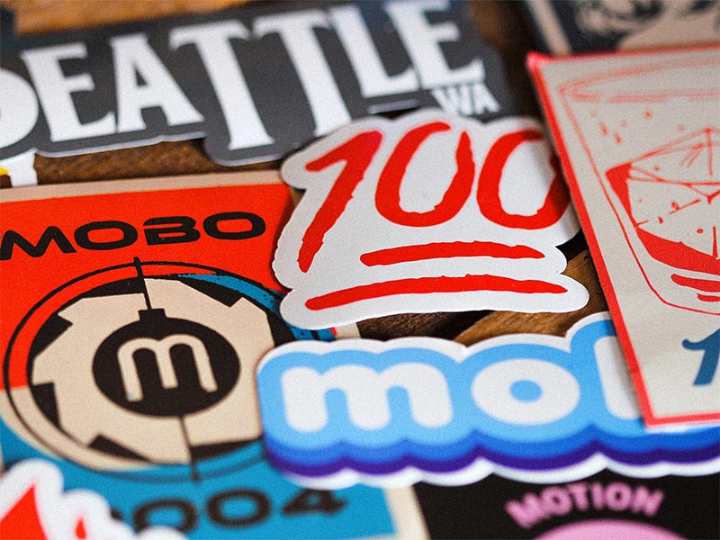 A variety of stickers printed by the in-house artists at Motion Printshop. Photo by Sean McAllister